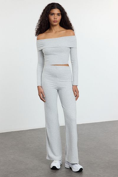 Trendyol Collection High Waist Stretch Corded Gray Knitted Trousers - Twoaw25Pl00111