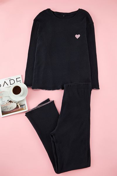 Trendyol Curve Navy Blue Ribbed Printed Knitted Pajamas Set Tbbaw25Ai00081