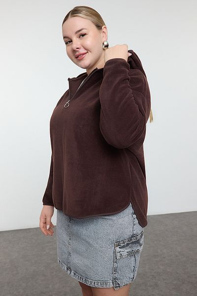 Trendyol Curve Oversize Brown Fleece Hooded Sweatshirt - Zip-Up, Plus Size Tbbaw25Ao00030