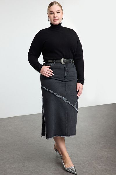 Trendyol Curve Antracit hasított farmer nagy méretű szoknya TBBAW25AZ00012