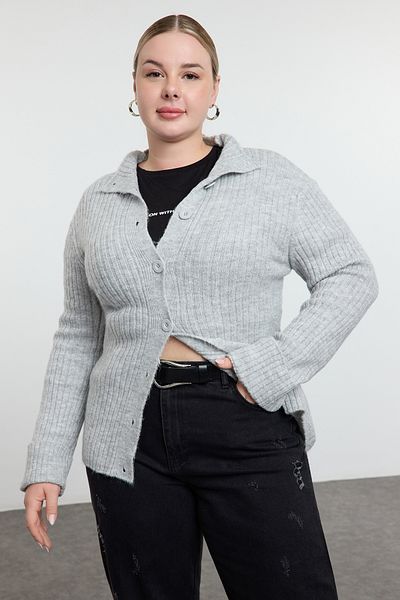 Trendyol Curve Šedá měkká texturovaná pletenina se stojáčkem Cardigan Tbbaw25Av00023