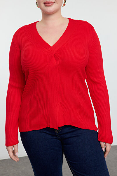 Trendyol Curve V-Neck Red Knitwear Sweater - Front Knot Detail TBBAW24AN00101