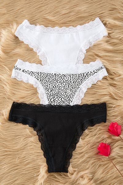 Trendyol Collection 3er-Pack Schwarz-Weiß-Leoparden-Spitzen-Baumwoll-Tanga-Höschen THMSS24KU00003