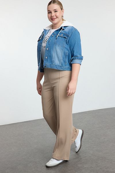 Trendyol Curve Plus Size Mink Ribbed Detailed Elastic Waist Knitted Trousers - Tbbaw25Ar00001