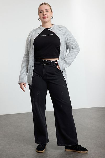 Trendyol Curve Šedá měkká texturovaná pletenina se stojáčkem Cardigan Tbbaw25Av00023