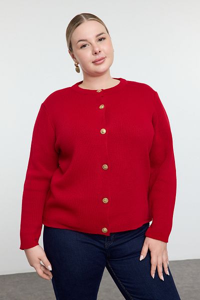 Trendyol Curve سترة تريكو حمراء ذات ياقة دائرية وأزرار TBBAW25AV00013