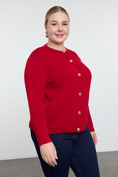 Trendyol Curve سترة تريكو حمراء ذات ياقة دائرية وأزرار TBBAW25AV00013