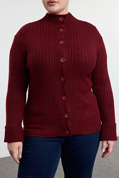 Trendyol Curve Burgundy Soft Textured Stand Collar Knitwear Cardigan Tbbaw25Av00023