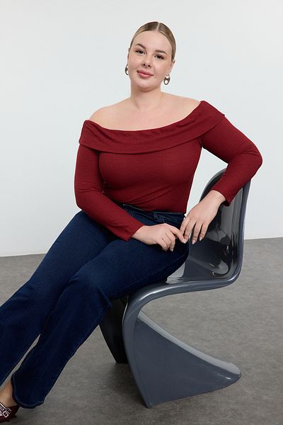 Trendyol Curve Bluză tricotată cu guler Carmen bordeaux TBBAW25AF00030