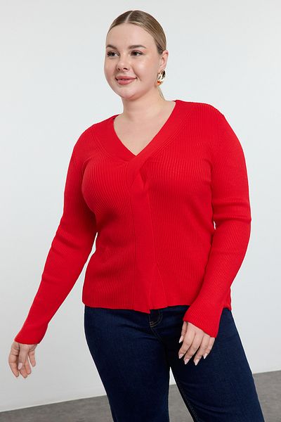 Trendyol Curve V-nyakú piros kötöttáru pulóver - elöl csomó részlet TBBAW24AN00101
