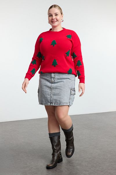 Trendyol Curve Red Embroidered New Year's Themed Knitwear Sweater Tbbaw25An00064