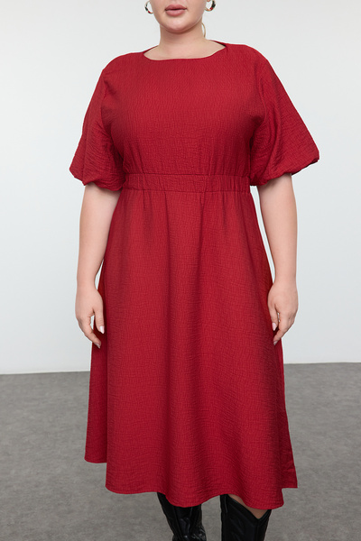 Trendyol Curve Burgundy Textured Balloon Sleeve Midi Woven Plus Size Dress Tbbaw25Ah00093