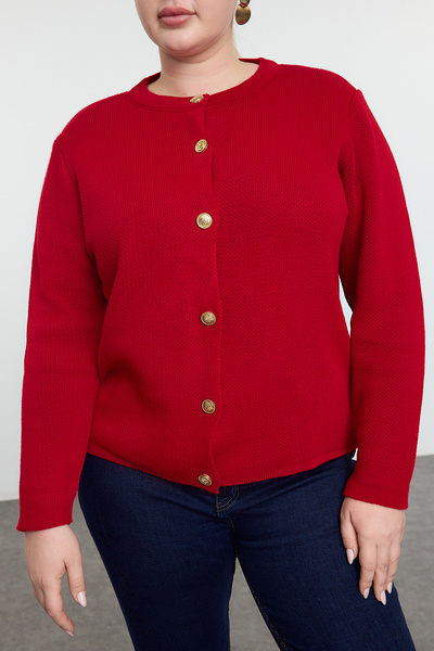 Trendyol Curve Red Crew Neck Buttoned Knitwear Cardigan Tbbaw25Av00013