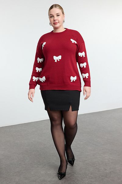 Trendyol Curve Burgundy Ribbon/Bow Embroidered Knitwear Sweater Tbbaw25An00064