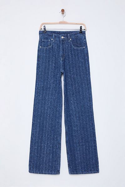 Trendyol Collection Kék texturált magas derekú széles lábú farmernadrág TWOSS25JE00043