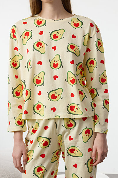 Trendyol Collection Green-Multicolor 100% Cotton Avocado and Heart Knitted Pajamas Set Thmaw25Pt00078
