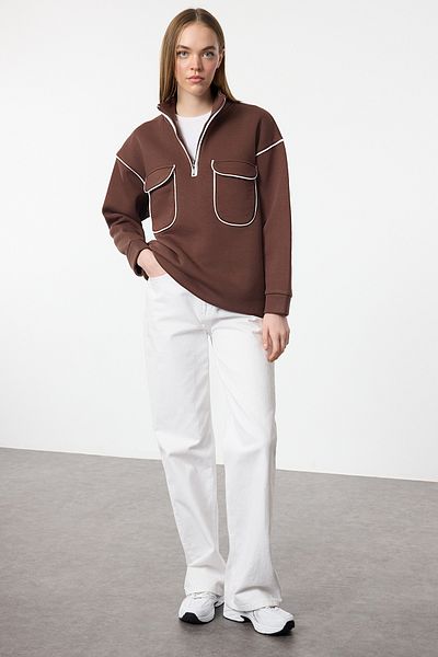 Trendyol Modest Καφέ φούτερ με φερμουάρ και λεπτομέρεια τσέπης TCTAW25TW00003
