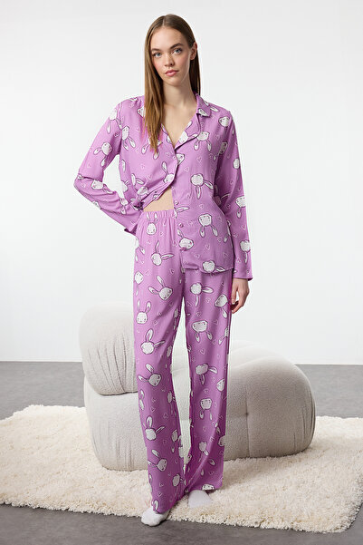 Trendyol Collection Lila nyúl és szív viszkóz szőtt pizsama szett THMAW25PT00076