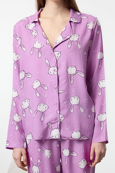Trendyol Collection Set pyžama z viskózového tkaného lila králíka a srdce Thmaw25Pt00076