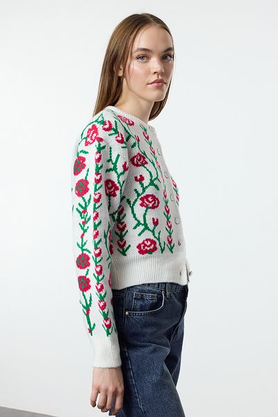 Trendyol Collection Ecru Soft Textured Floral Knitwear Cardigan Twoaw25Hi00384