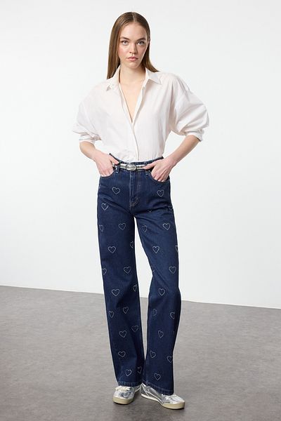 Trendyol Collection Sötétkék széles lábú farmernadrág magas derekú kővel - TWOAW25JE00325