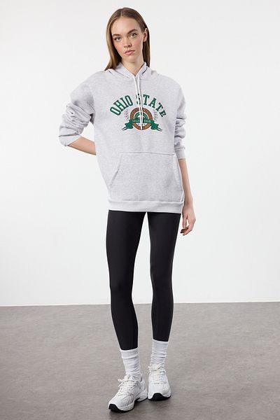 Trendyol Collection Gray Melange Thick Inside Fleece Slogan Printed Hooded Knitted Sweatshirt Twoaw25Sw00322