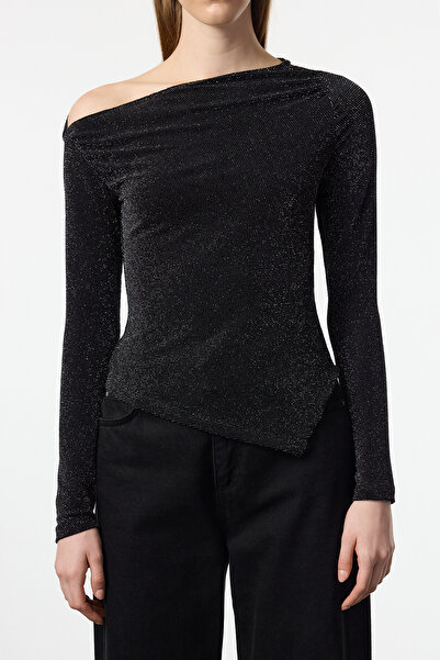 Trendyol Collection Anthrazitfarbene, asymmetrische, glitzernde Strickbluse mit Ausschnitt, stilvoll/Partybluse TPRAW25BZ00018