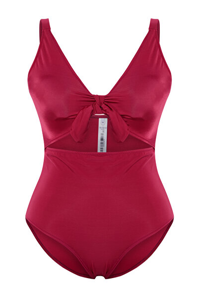 Trendyol Curve Burgundy Deep V Neck Cut-Out Tie-Up Throw Covered Plus Size Swimsuit Tbbss22Ma0302