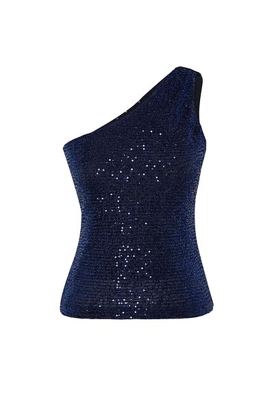 Trendyol Collection Marineblaue One-Shoulder-Strickbluse mit Pailletten TPRSS25BZ00009