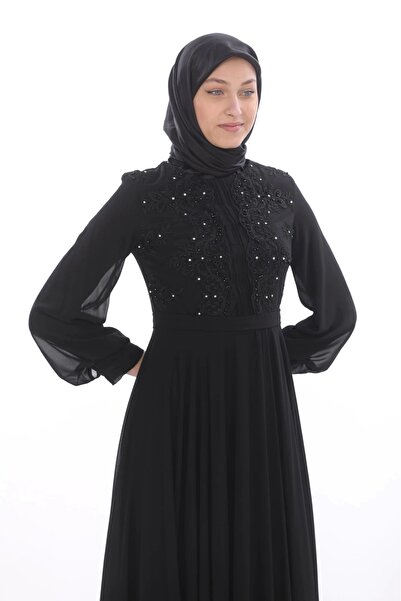 lodmela Μαύρο βραδινό φόρεμα Hijab με λεπτομέρεια από Guipure και πιέτες 580