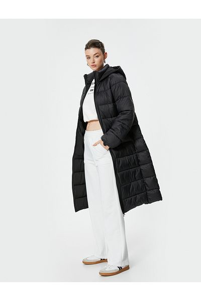 Koton Long Inflatable Coat Hooded Zipper Pocket Padded Water Repellent