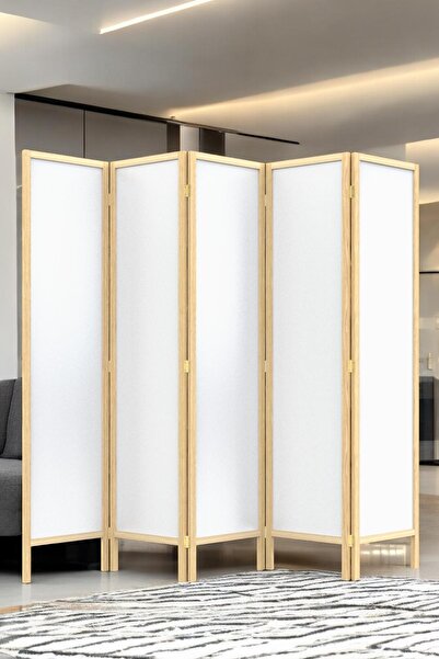 Fupe Shop Doğal Ahşap Çift Yüz Beyaz 5 Kanat Paravan Seperatör Oda Bölme