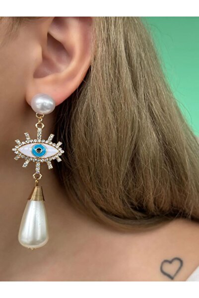 Shisa Jewel ALTIN Beyaz RENK İNCİ DETAYLI GÖZ FİGÜRLÜ KÜPE (A23)