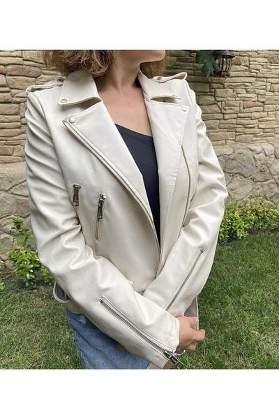 X-BI COLLECTİON Jachetă de piele albă cu fermoar metalic