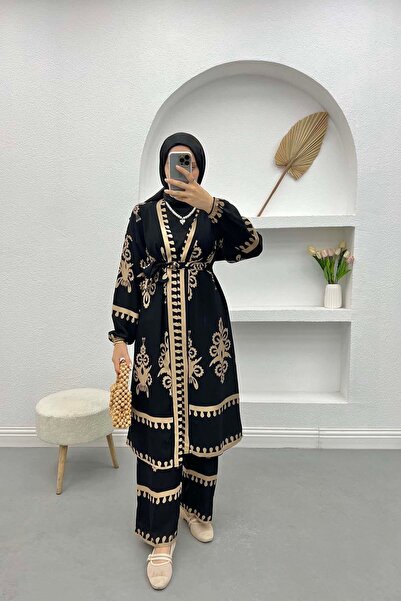Pardesü Dünyası Desenli Kimono Takım Camel