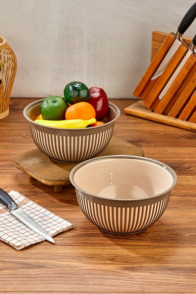 Milenay 3.6Lt Large Size Set of Two - Striped Modern Design Fruit, Vegetable and Salad Bowl