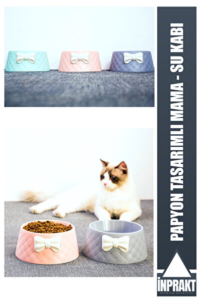inprakt Papyon Tasarımlı Kedi ve Köpek Mama Su Kabı Tekli Kaydırmaz Ayaklı