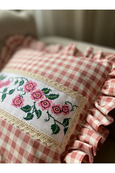 Parla Life Cross Stitch Embroidered Linen Gingham Throw Pillow Cover (Custom Size and Color Make)