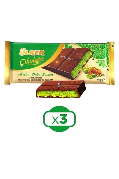 Ülker Dubai 93 Grams X 3 Pieces - Chocolate Coated with Velvet, Lots of Pistachios and Pistachios