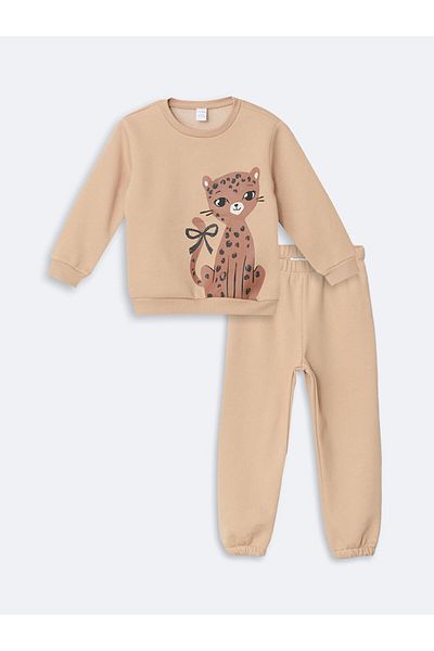 LC Waikiki Lcw Cat Printed Baby Girl Sweatshirt and Sweatpants Bottom 2-Piece Fast Fashion
