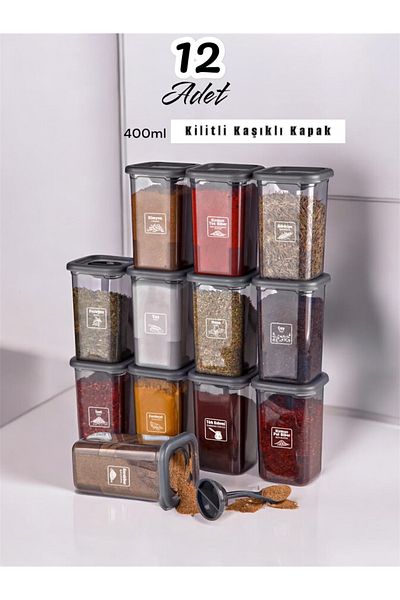 Dem Home 12-Piece Spice Holder Set with Labels and Self-Spoon 400 ml - Spice Holder Set