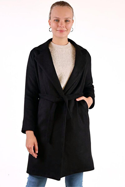 MissThetis Kruvaze Kapama Şal Yaka Diz Üstü Boy Belden Bağlanabilir Kuşaklı A...