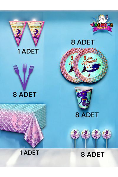 VibeHome Mermaid Themed Premium Set for 8 - Birthday Party and Fun Events