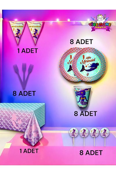 VibeHome Mermaid Themed Premium Set for 8 - Birthday Party and Fun Events