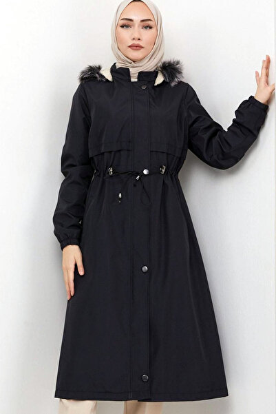 MissThetis Kapüşonlu Şapkası İçi Kürklü Astarlı Beli Ayarlanabilir Lastikli B...