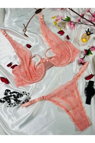 Masal Lingerie Γυναικείο σουτιέν χωρίς καπάκι με εσώρουχο και κορδόνι σομόν, ...