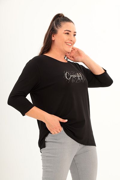 Şans Women's Plus Size Black Crew Neck Print and Stone Detail Bat Sleeve Blouse 65N38670