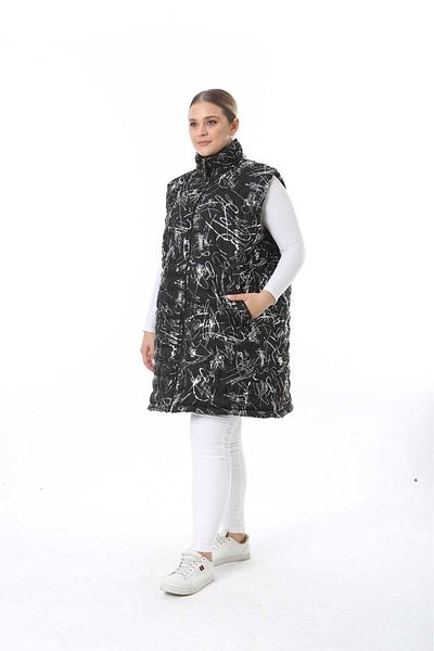 Şans Women's Plus Size Black Lacquer Printed Quilted Pocket Long Vest 65N38665