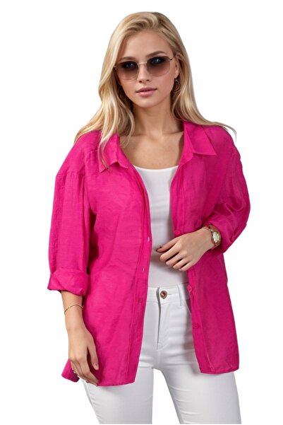 Cassime Жіноча фуксія з прямими рукавами та складками, довга сорочка з льону