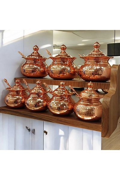 Bakır Center Copper Spice Rack 7-Piece Spice Rack Set with Spoon Copper Forged Stand Spice Rack Copper Storage Container
